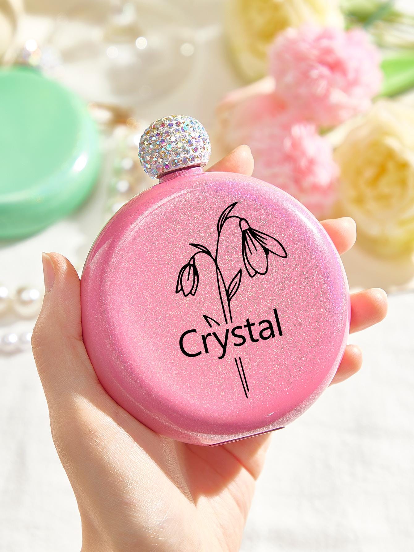 Custom Glitter Flask with Name – Birth Flower Round Flask – Bridesmaid Gift, Birthday Gift for Her, Wedding Favor, Personalized Flask