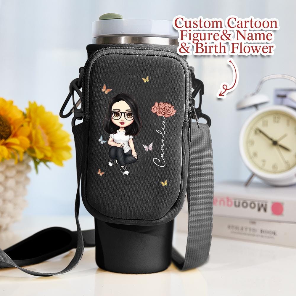 Custom Cartoon Birth Flower Tumbler Bag – Personalized Name & Character 40oz Carrier – Birthday Gift for Her – Waterproof Pouch