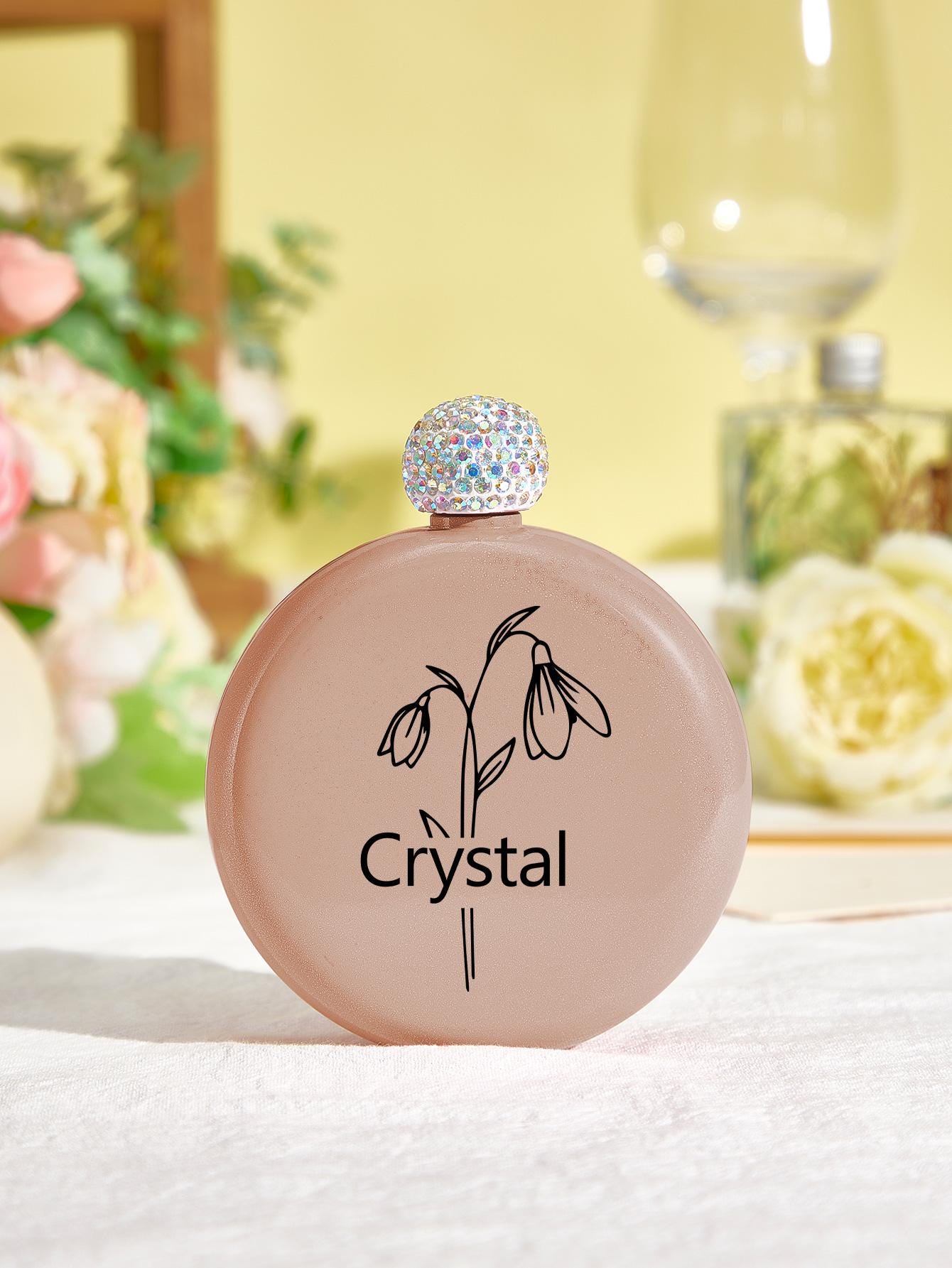 Custom Glitter Flask with Name – Birth Flower Round Flask – Bridesmaid Gift, Birthday Gift for Her, Wedding Favor, Personalized Flask