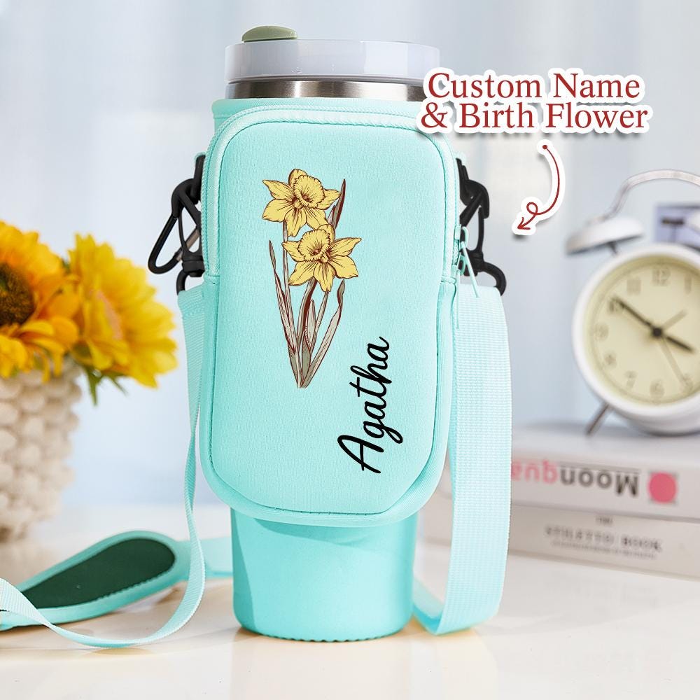 Personalized Birth Flower Tumbler Carrier – 40oz Water Bottle Bag with Name – Waterproof Gift for June & July Birthdays