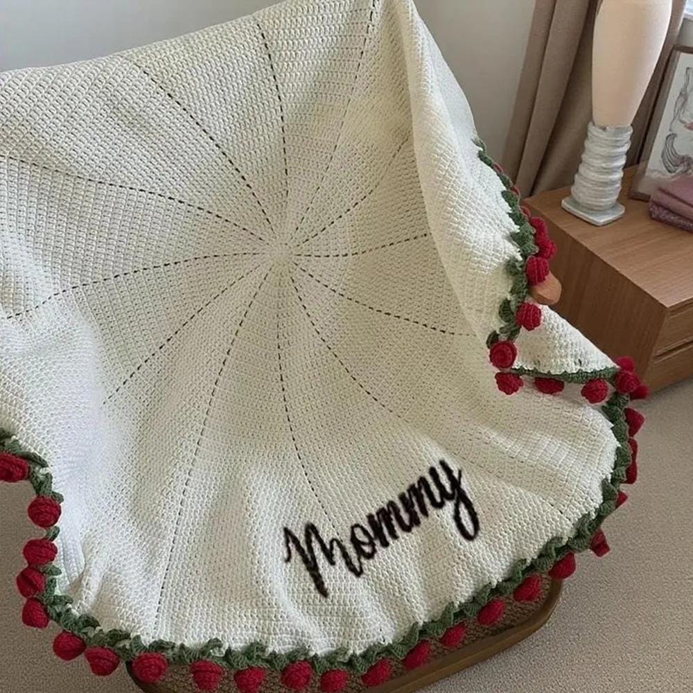 Custom Name Crochet Flower Blanket – Handmade Knitted Flower Throw Romantic Gift for Wife, Girlfriend, or Home Decor
