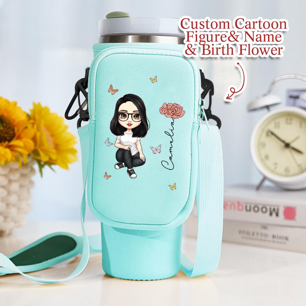 Custom Cartoon Birth Flower Tumbler Bag – Personalized Name & Character 40oz Carrier – Birthday Gift for Her – Waterproof Pouch