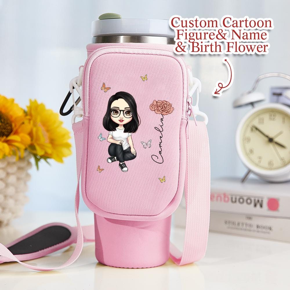 Custom Cartoon Birth Flower Tumbler Bag – Personalized Name & Character 40oz Carrier – Birthday Gift for Her – Waterproof Pouch