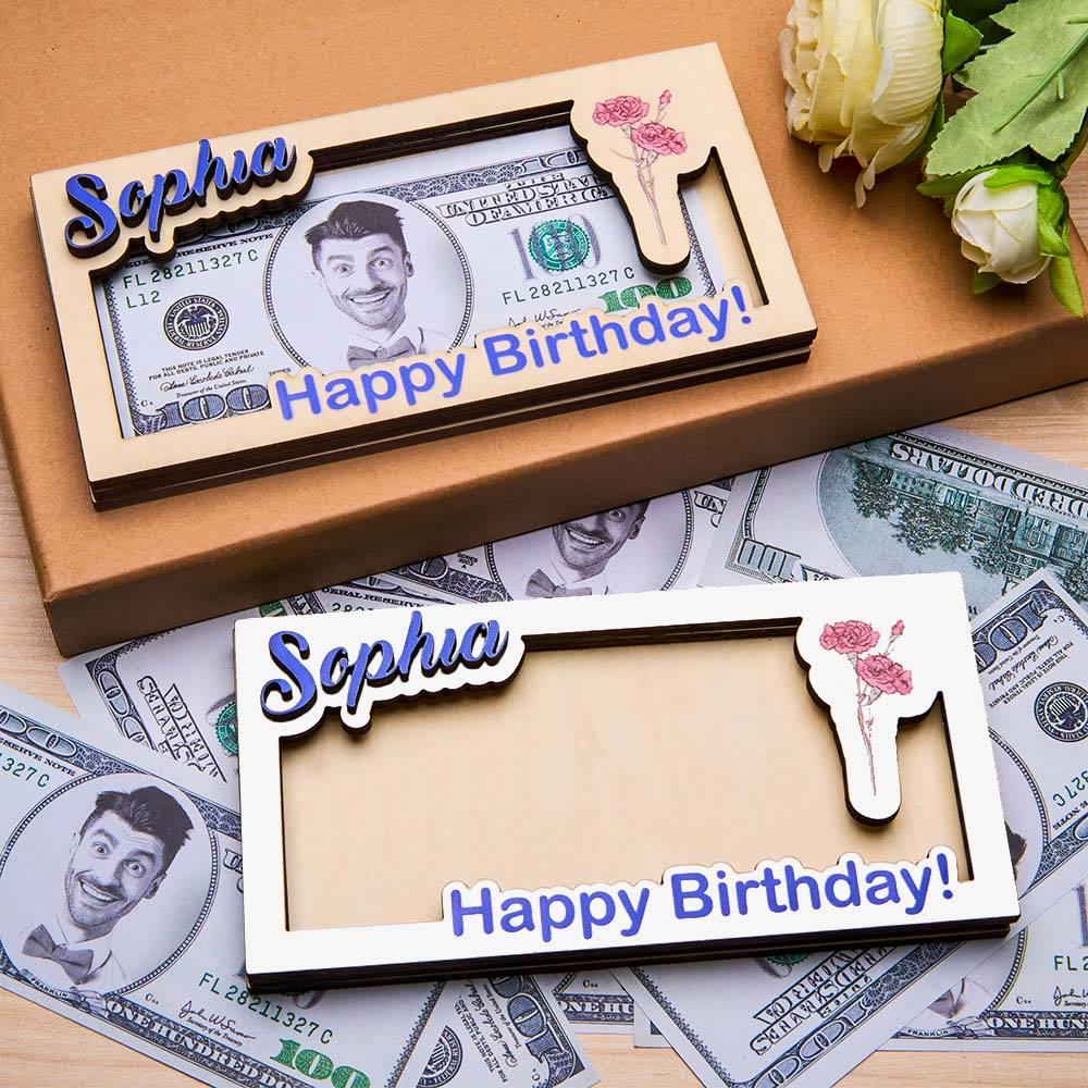 Custom Wooden Money Box with Name & Birth Flower – Personalized Cash Holder, Great Gift For Anniversary, Retirement, Birthdays