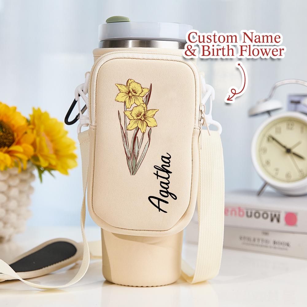 Personalized Birth Flower Tumbler Carrier – 40oz Water Bottle Bag with Name – Waterproof Gift for June & July Birthdays