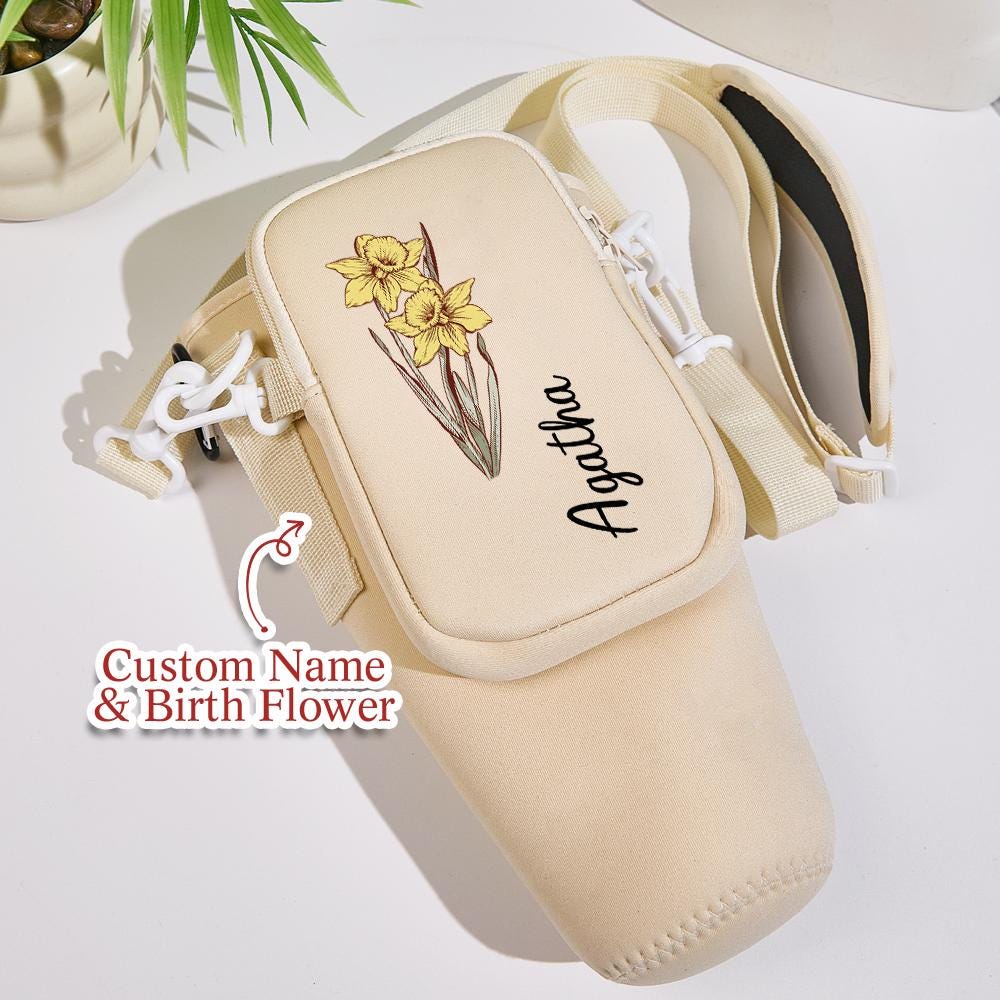 Personalized Birth Flower Tumbler Carrier – 40oz Water Bottle Bag with Name – Waterproof Gift for June & July Birthdays