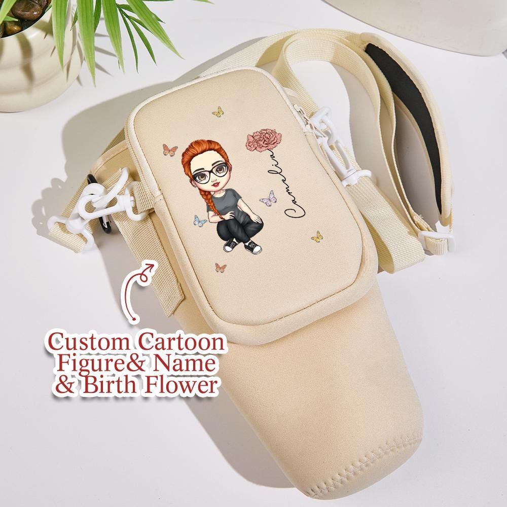 Custom Cartoon Birth Flower Tumbler Bag – Personalized Name & Character 40oz Carrier – Birthday Gift for Her – Waterproof Pouch