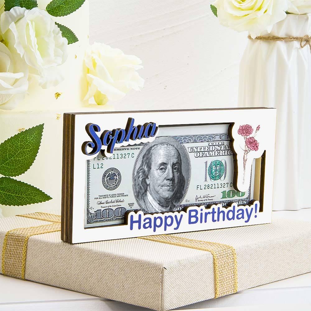 Custom Wooden Money Box with Name & Birth Flower – Personalized Cash Holder, Great Gift For Anniversary, Retirement, Birthdays
