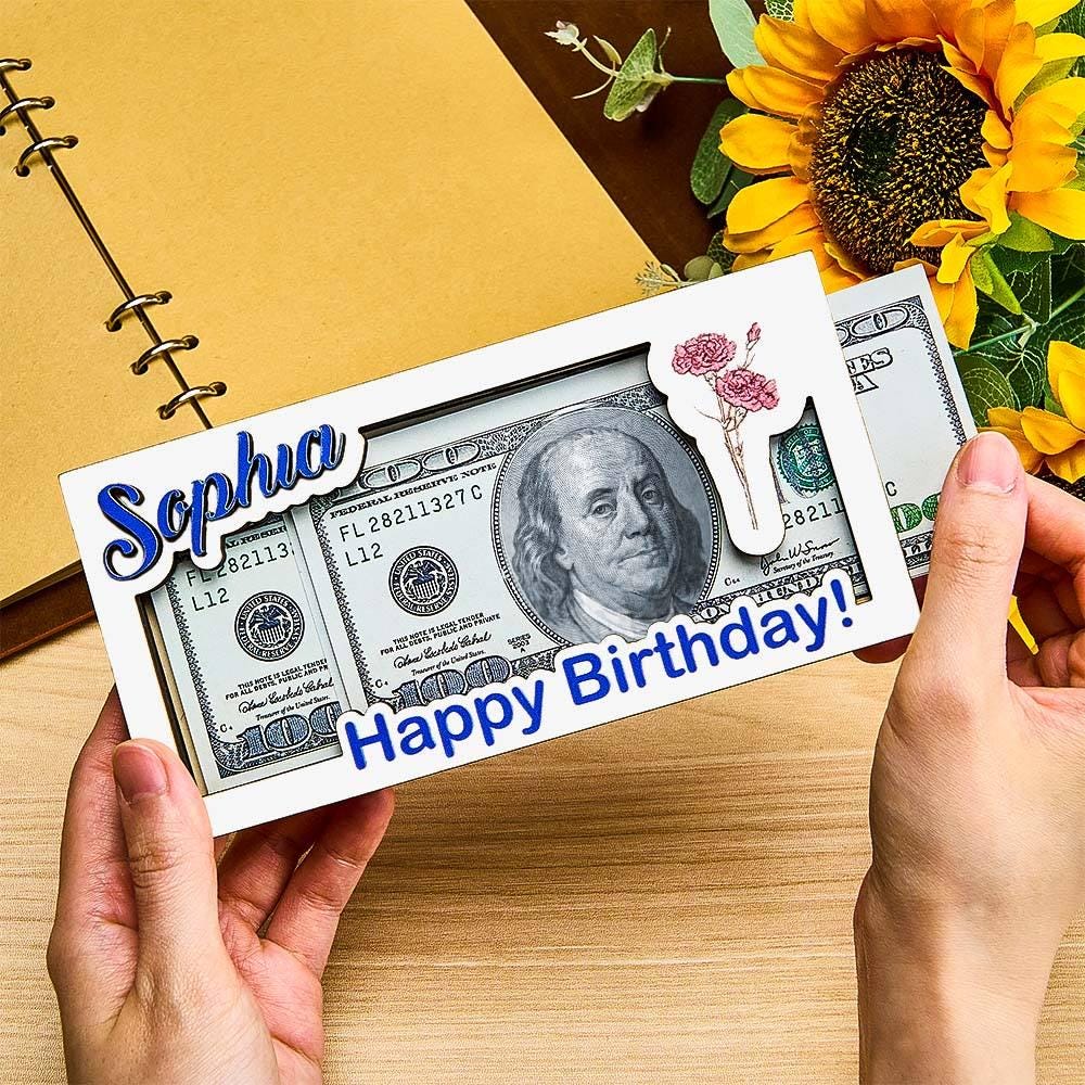 Custom Wooden Money Box with Name & Birth Flower – Personalized Cash Holder, Great Gift For Anniversary, Retirement, Birthdays