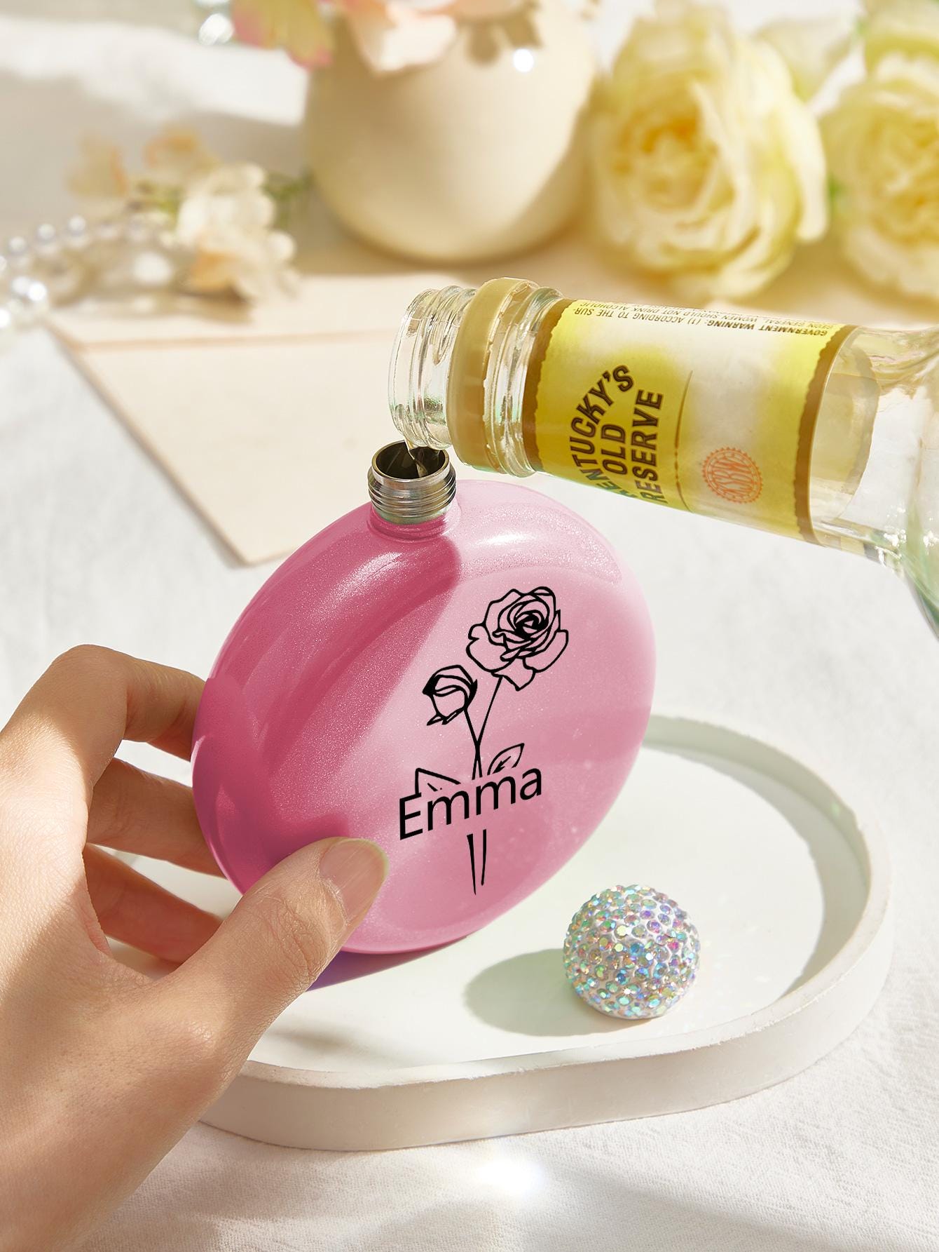 Custom Glitter Flask with Name – Birth Flower Round Flask – Bridesmaid Gift, Birthday Gift for Her, Wedding Favor, Personalized Flask
