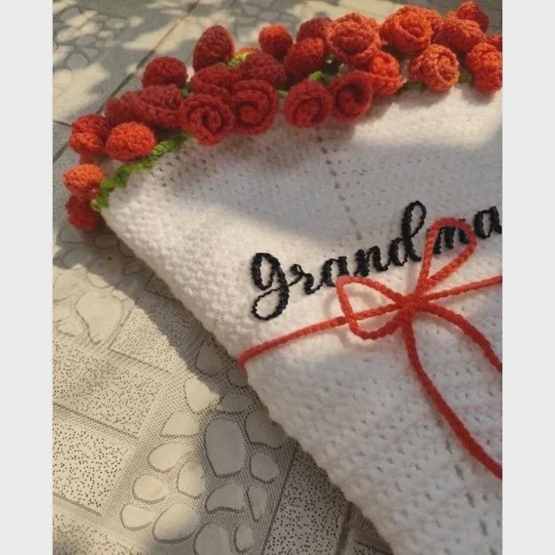Custom Name Crochet Flower Blanket – Handmade Knitted Flower Throw Romantic Gift for Wife, Girlfriend, or Home Decor