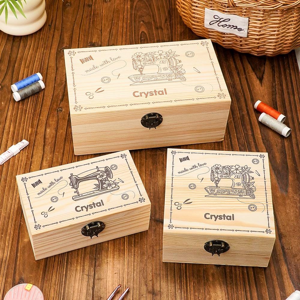 Personalized Engraved Sewing Machine Box| Pattern Wooden Storage Box, Gift for Seamstress, Sewing Enthusiast, Sewing Machine Storage,