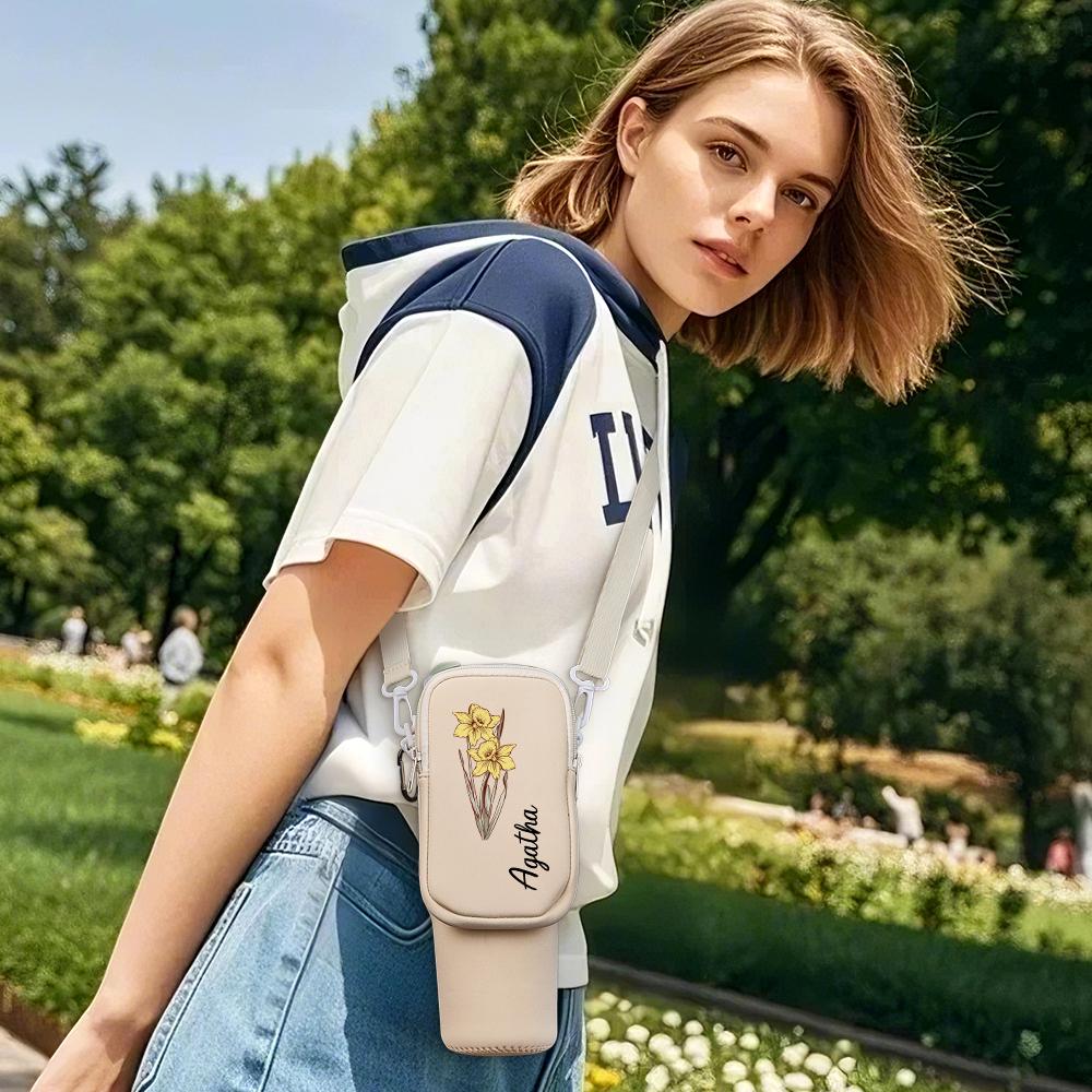 Personalized Birth Flower Tumbler Carrier – 40oz Water Bottle Bag with Name – Waterproof Gift for June & July Birthdays