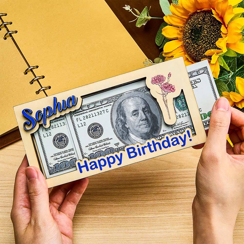 Custom Wooden Money Box with Name & Birth Flower – Personalized Cash Holder, Great Gift For Anniversary, Retirement, Birthdays
