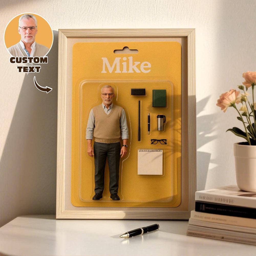 Custom Action Figure Portrait Frame | Flat 3D-Style Toy Box Art | Personalized Mini Figure, Police, Teacher, Nurse, Doctor Retirement
