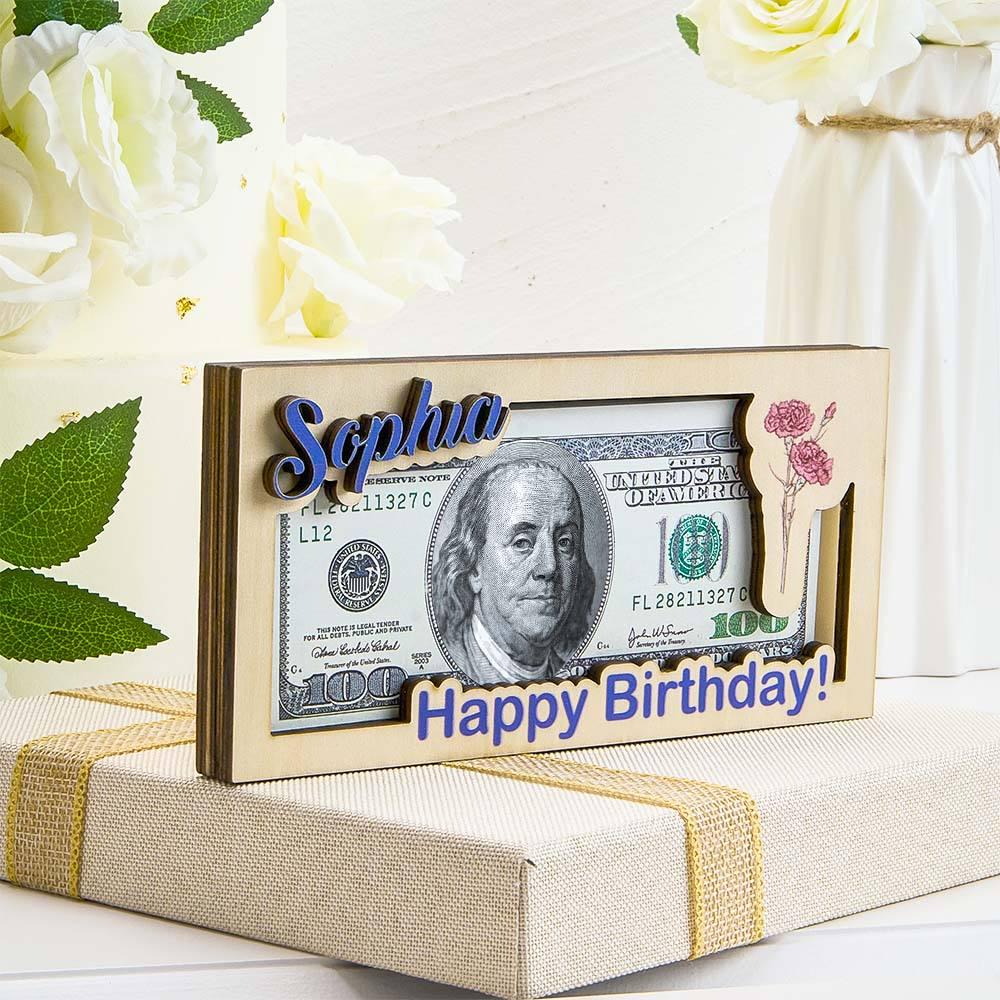 Custom Wooden Money Box with Name & Birth Flower – Personalized Cash Holder, Great Gift For Anniversary, Retirement, Birthdays