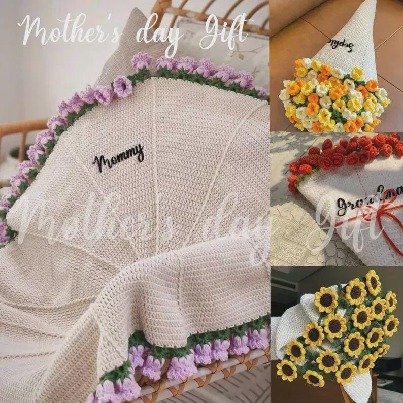 Custom Name Crochet Flower Blanket – Handmade Knitted Flower Throw Romantic Gift for Wife, Girlfriend, or Home Decor