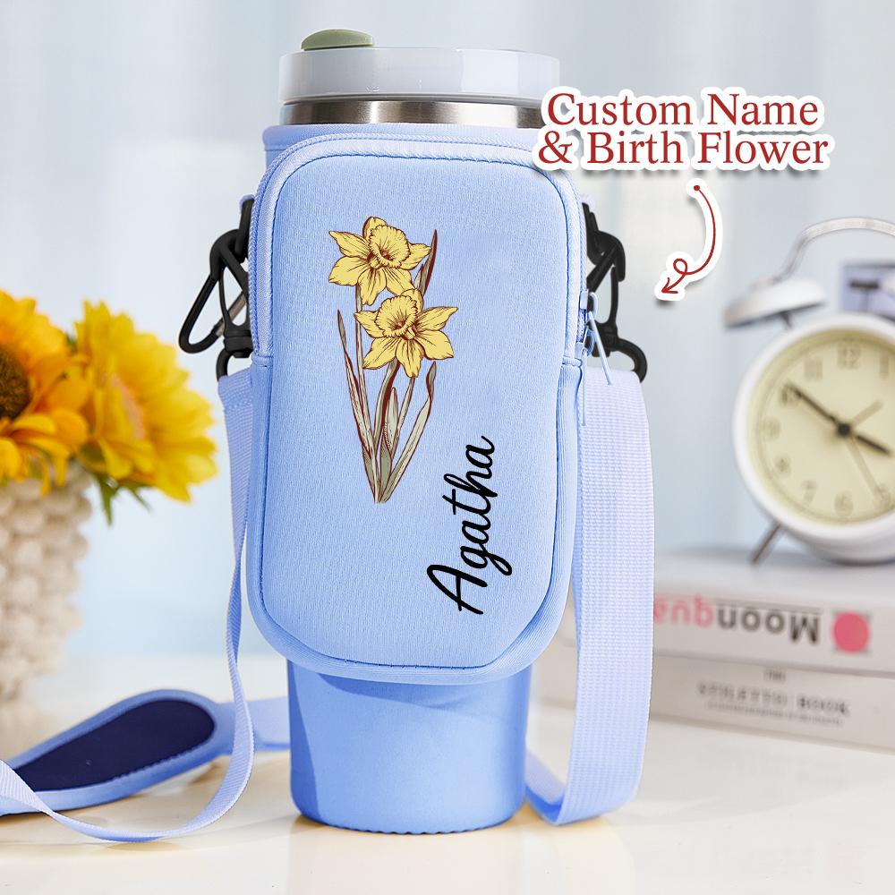 Personalized Birth Flower Tumbler Carrier – 40oz Water Bottle Bag with Name – Waterproof Gift for June & July Birthdays