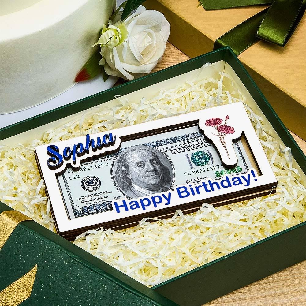 Custom Wooden Money Box with Name & Birth Flower – Personalized Cash Holder, Great Gift For Anniversary, Retirement, Birthdays