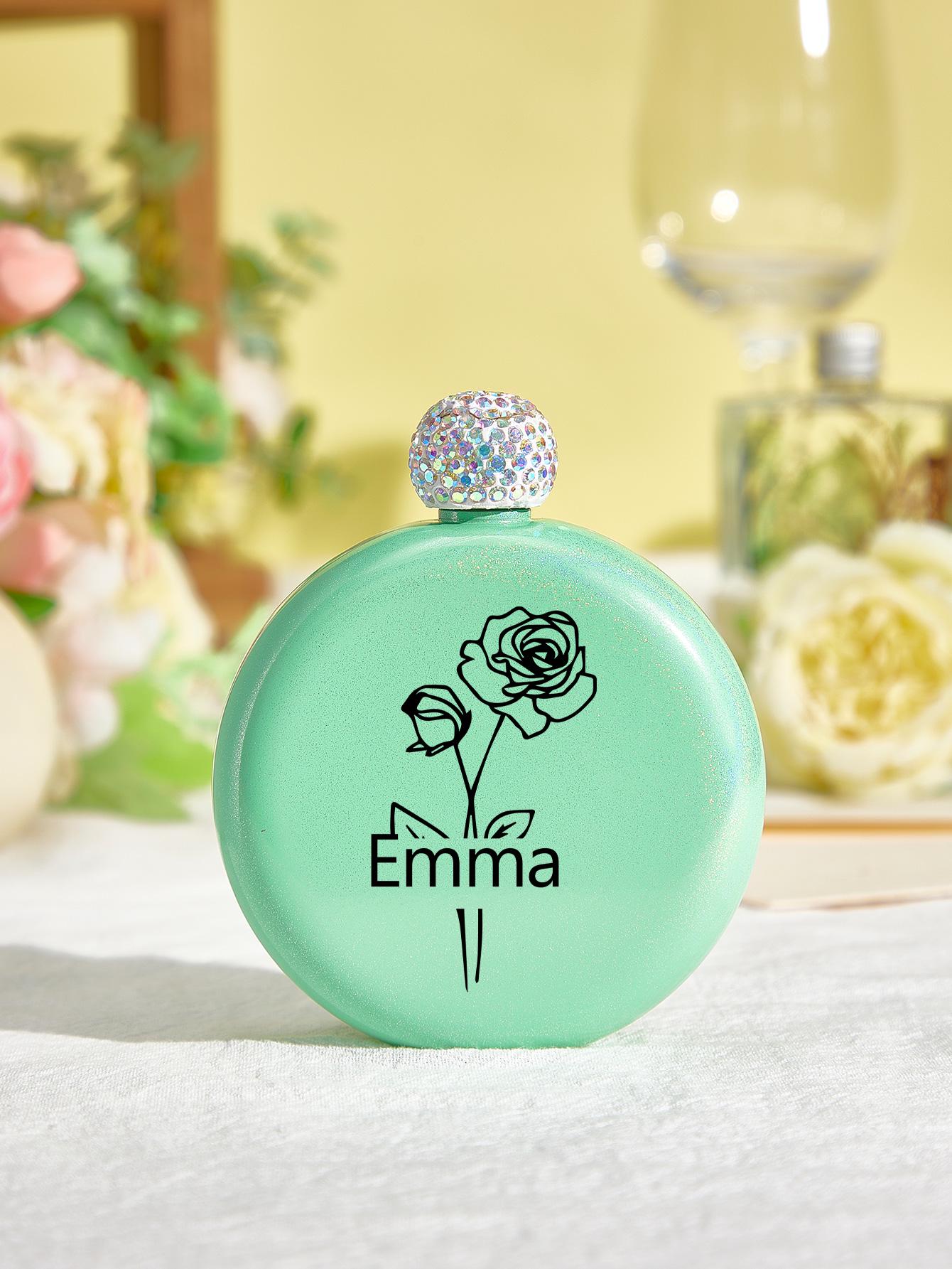 Custom Glitter Flask with Name – Birth Flower Round Flask – Bridesmaid Gift, Birthday Gift for Her, Wedding Favor, Personalized Flask