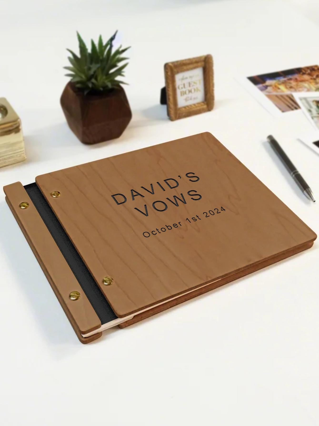 Custom Engraved Wooden Wedding Guest Book – Personalized Rustic Sign-In Scrapbook, Keepsake for Couples, Anniversary, Vow Book