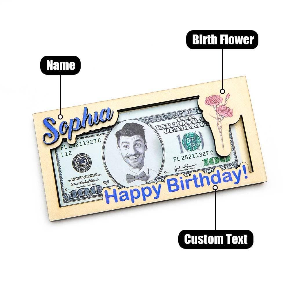 Custom Wooden Money Box with Name & Birth Flower – Personalized Cash Holder, Great Gift For Anniversary, Retirement, Birthdays