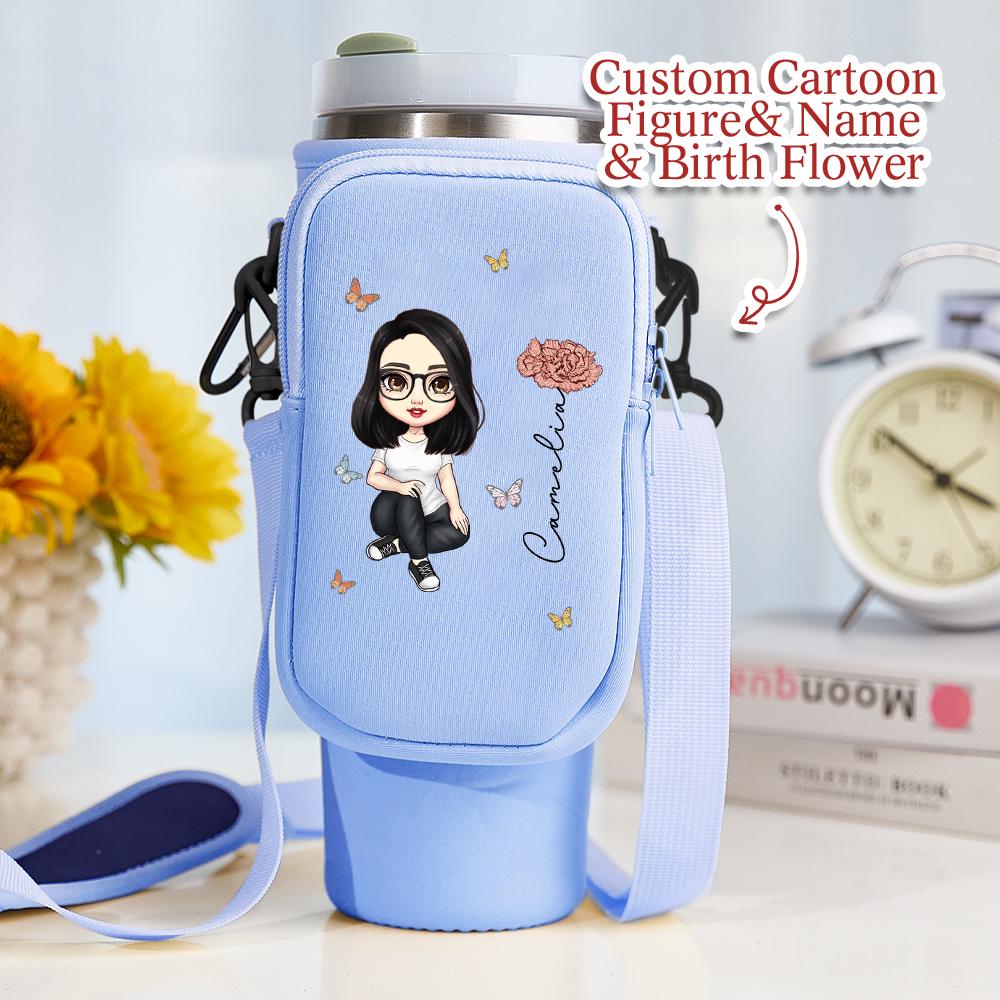 Custom Cartoon Birth Flower Tumbler Bag – Personalized Name & Character 40oz Carrier – Birthday Gift for Her – Waterproof Pouch