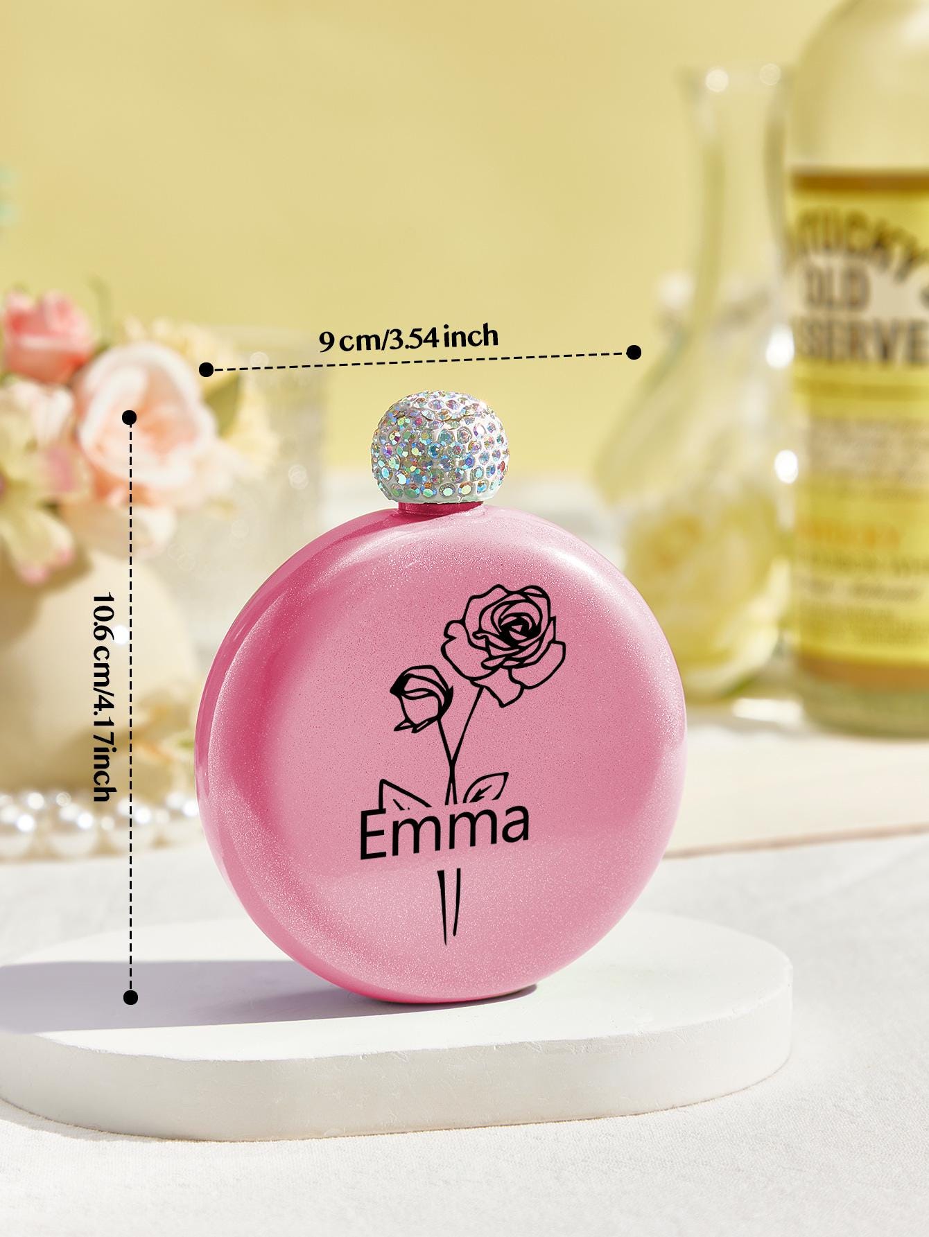 Custom Glitter Flask with Name – Birth Flower Round Flask – Bridesmaid Gift, Birthday Gift for Her, Wedding Favor, Personalized Flask