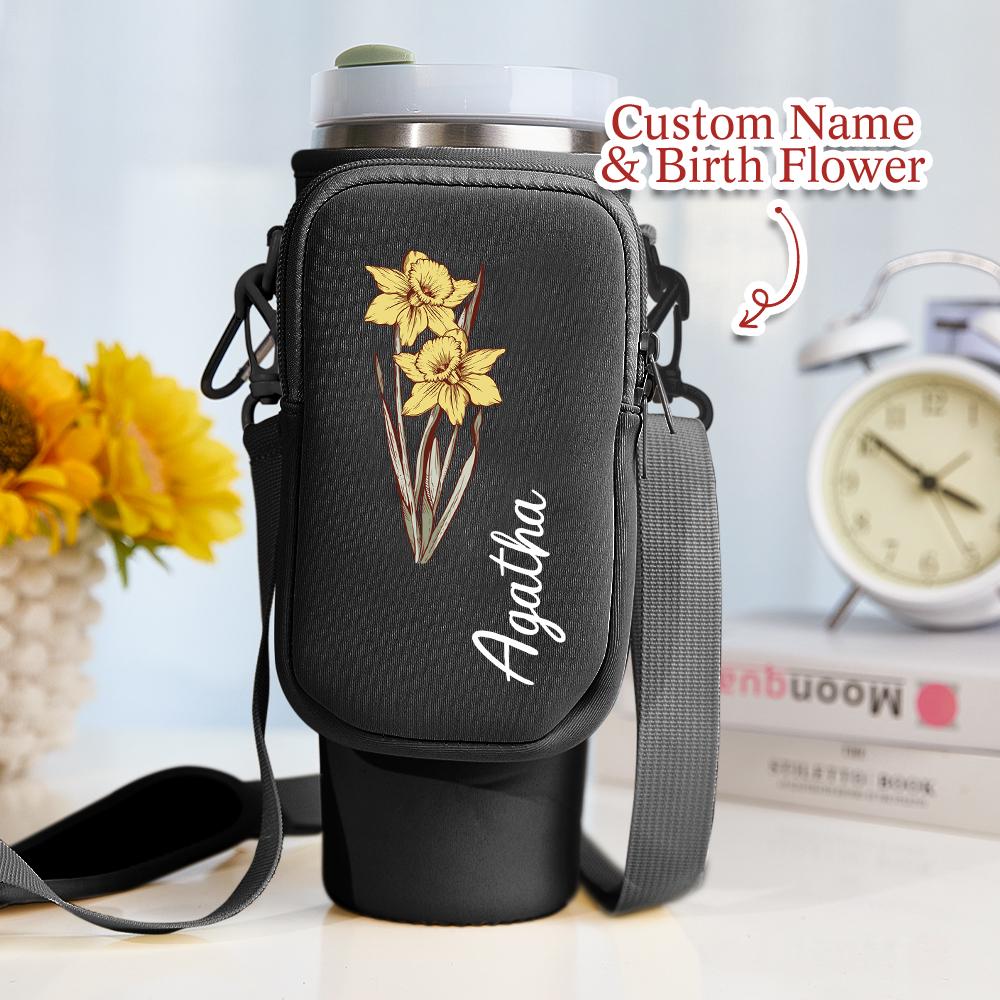 Personalized Birth Flower Tumbler Carrier – 40oz Water Bottle Bag with Name – Waterproof Gift for June & July Birthdays