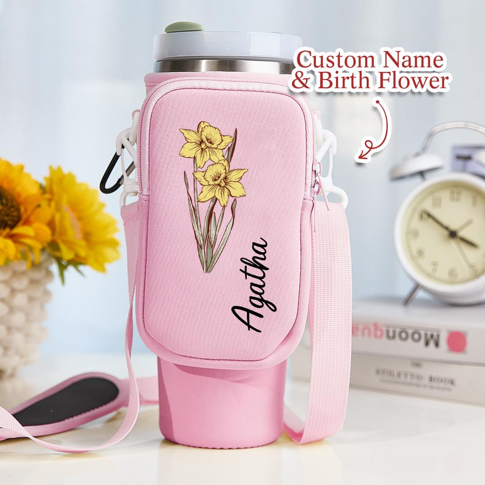 Personalized Birth Flower Tumbler Carrier – 40oz Water Bottle Bag with Name – Waterproof Gift for June & July Birthdays