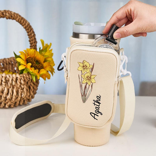 Personalized Birth Flower Tumbler Carrier – 40oz Water Bottle Bag with Name – Waterproof Gift for June & July Birthdays
