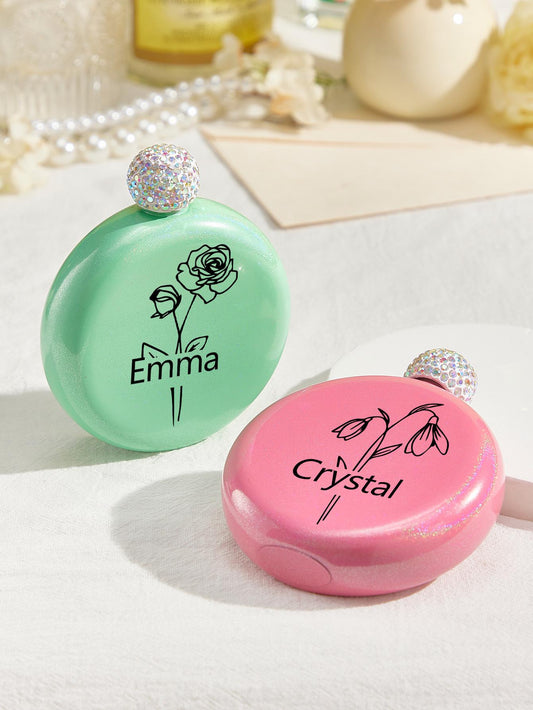 Custom Glitter Flask with Name – Birth Flower Round Flask – Bridesmaid Gift, Birthday Gift for Her, Wedding Favor, Personalized Flask