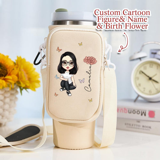 Custom Cartoon Birth Flower Tumbler Bag – Personalized Name & Character 40oz Carrier – Birthday Gift for Her – Waterproof Pouch