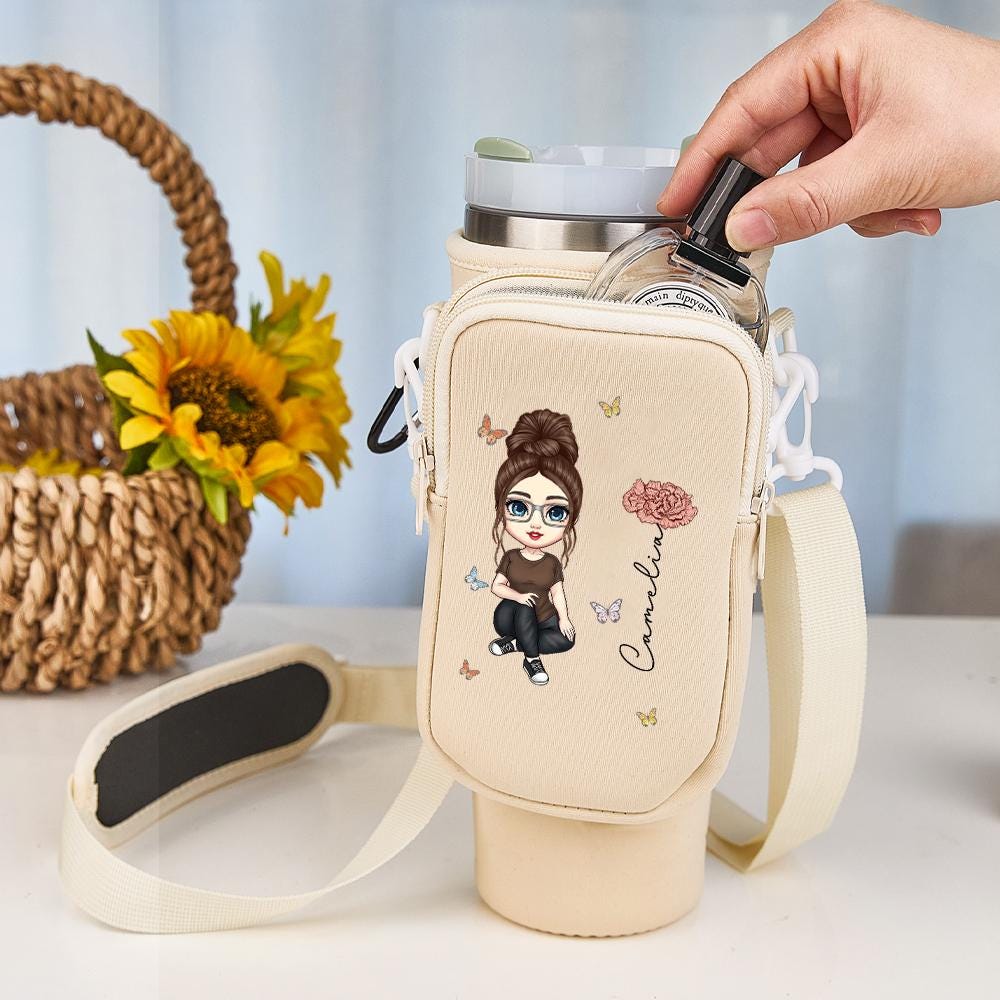 Custom Cartoon Birth Flower Tumbler Bag – Personalized Name & Character 40oz Carrier – Birthday Gift for Her – Waterproof Pouch