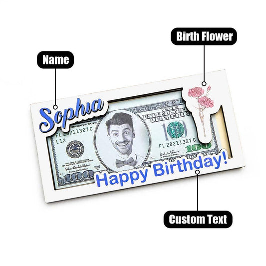 Custom Wooden Money Box with Name & Birth Flower – Personalized Cash Holder, Great Gift  For Anniversary, Retirement, Birthdays